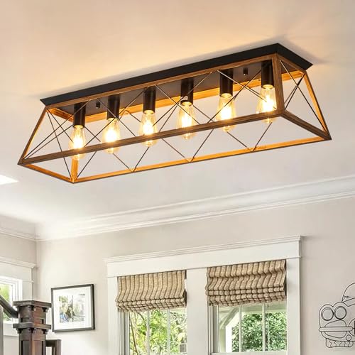 38” Farmhouse Large Flush Mount Ceiling Light Fixture with Walnut Finish