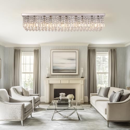 12 Lights Crystal Chandeliers Modern Crystal Rectangular Flush Mount Chandelier with Raindrop Crystals Pendant Light Fixture for Dining Dining Room Kitchen Dining Room Bedroom Bathroom Hotel