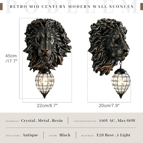 Retro Mid Century Modern Wall Sconces with Clear Crystal Shade Lion Head Decor 17.7" Large Black Wall Lights Fixtures for Living Room Bedroom Bedside Stairs Bathroom