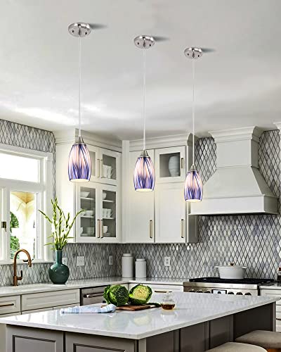 Mini Art Glass Dark Blue Pendant Lights Kitchen Island Hand Blown Mini Glass Pendant Lights with Brush Nickel Finish Adjustable Cord for Kitchen Over Sink