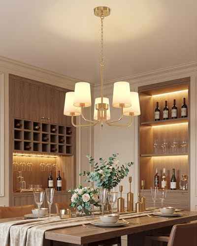 Chandeliers for Dining Room, 5-Light Gold Chandelier Light Fixture, E26 Base-Dining Room Light Fixtures Over Table with White Shade, Farmhouse Chandelier for Bedroom Living Room Foyer Entryway