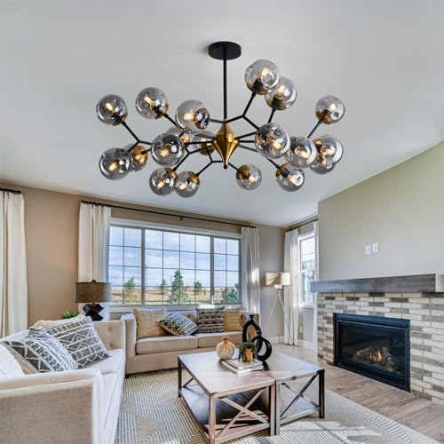 20 Light Extra Large Sputnik Chandelier Mid Century Modern Black and Gold Ceiling Light Fixture with Glass Globe Pendant Light Hanging for Dining Room Kitchen Living Room Foyer