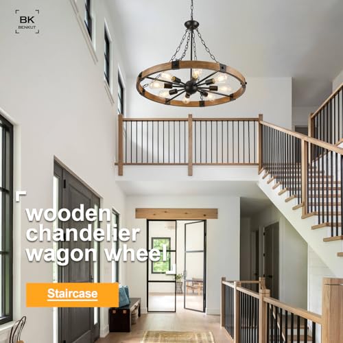 Farmhouse Wagon Wheel Chandelier 31.5" Oak Rustic Chandeliers 8