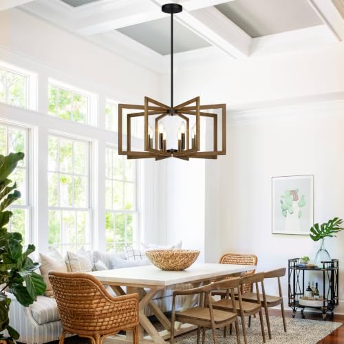 25" 61" Height Adjustable Retro Wood Texture Chandelier for Dining Room