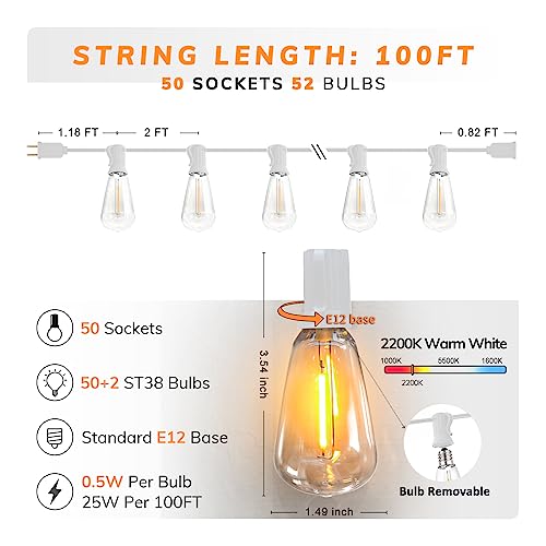 Outdoor String Lights White 100Ft LED Patio Lights Outdoor Waterproof with 50+2 Shatterproof ST38 Bulbs 2200K Dimmable String Lights for Outside Backyard Party Wedding