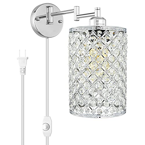 1 Light Wall Lamp Modern Style Metal Round lampshade Decorative Dimmable Crystal E26 Base Wall Lights Industrial Swing Arm Wall Sconce for Home Decor Plug