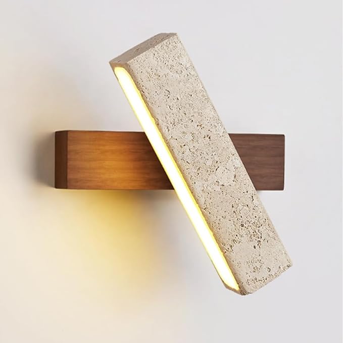 Modern LED Wall Sconce Wood Base Travertine Style Bar Light Minimalist Japandi Fixture Asymmetrical Design for Bedroom Hallway Living Room Accent(Brown)