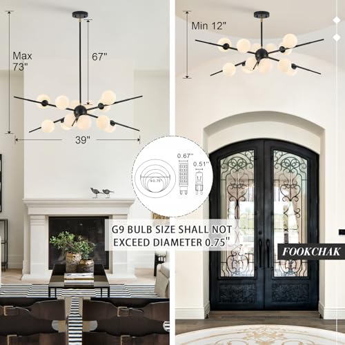 Large Black Sputnik Ceiling Light Fixture 39in 12 Light Frost Glass