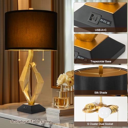 Gold Leaf Finish Table Lamp Set of 2 with USB Ports for Bedroom (2 Count)