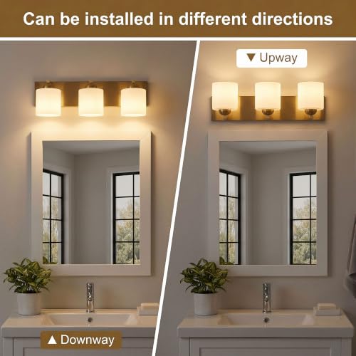 3 Light Brushed Gold Bathroom Vanity Light with White Glass Shades