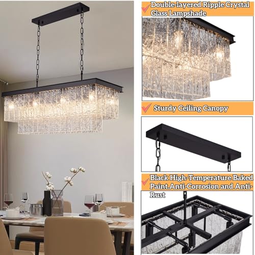 35.4" Black Rectangular Handmade Glass Chandelier Dining Room Kitchen