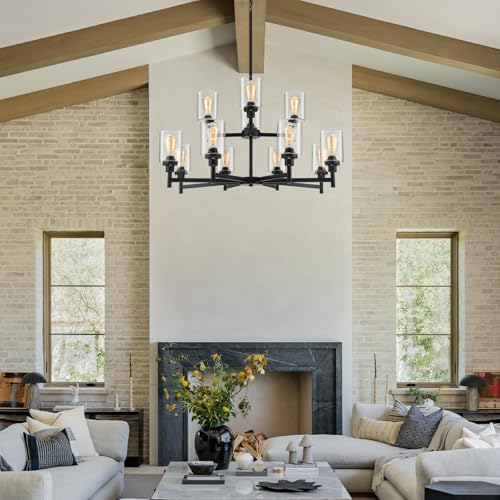 2-Tier 12-Light Large Black Farmhouse Chandeliers for Living Dining Room