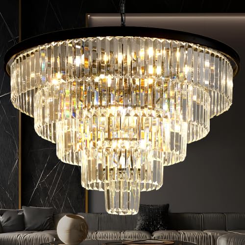 Large Crystal Chandelier 30'' Modern Black Dining Room Light Fixture
