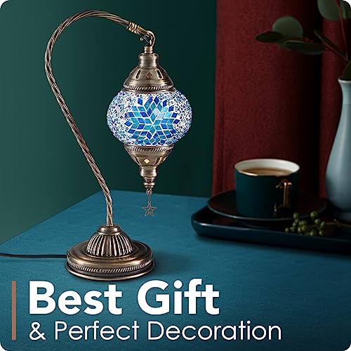 Turkish Moroccan Lamp with Bronze Base 3 Color Options Handmade Swan Neck Mosaic Glass Bedside Lamps for Bedroom