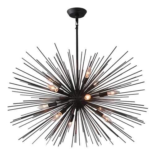 33.8in 12 Light Black Sputnik Chandelier Modern Geometric Starburst