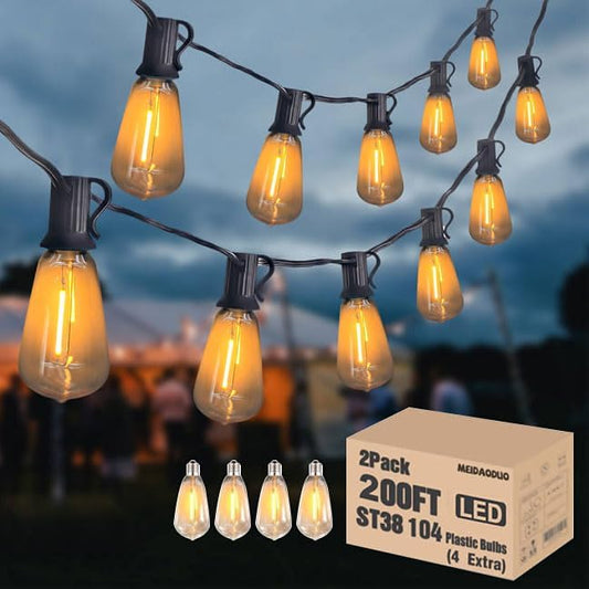 200FT Outdoor Edison String Lights for Outside LED Waterproof 2200K Patio Lights with 104 ST38 Shatterproof Plastic Bulbs Soft Warm Bistro Lights Outdoor Connectable for Gazebo Pergola 2Pack x 100FT - Aura Lighting