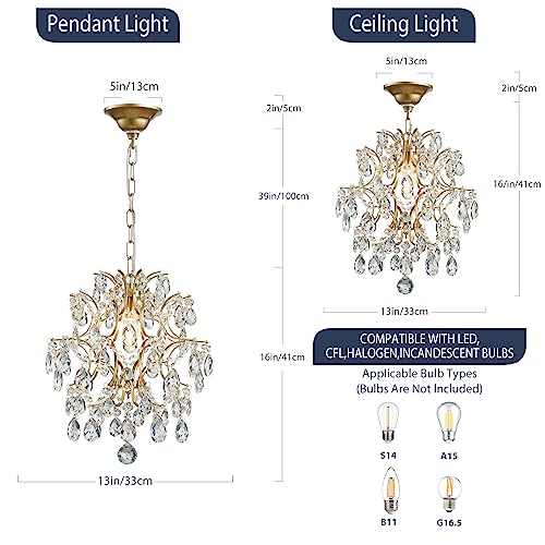 Gold Modern Pendant Chandelier Crystal Raindrop Lighting Ceiling Light Fixture Lamp for Dining Room Bathroom Bedroom Livingroom entryway 1 E26 Bulbs Required D13 in x H16 in