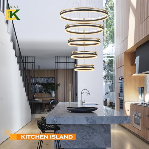 5 Rings Modern LED Chandelier Black Gold Dimmable Large High Ceiling Chandeliers Foyer