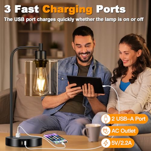 Set of 2 Industrial Touch Control Table Lamps with 2 USB Ports and AC Outlet