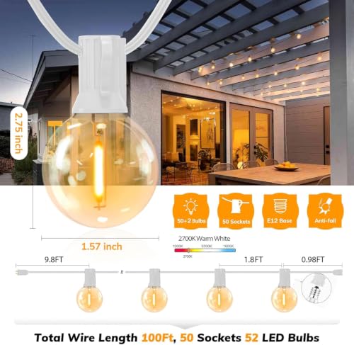 Outdoor String Lights 100FT G40 Globe Patio Lights Outdoor Waterproof with 50+2 Shatterproof LED Bulbs 2700K Dimmable String Lights for Outside Backyard Party Wedding