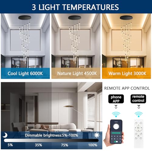 20 Lights Chandelier LED Dimmable Chandeliers for Entryway Flush Mount Ceiling Pendant Light Fixture Crystal Chandeliers for Living Room Black Finished Lighting Modern 156in High Ceiling Chandelier