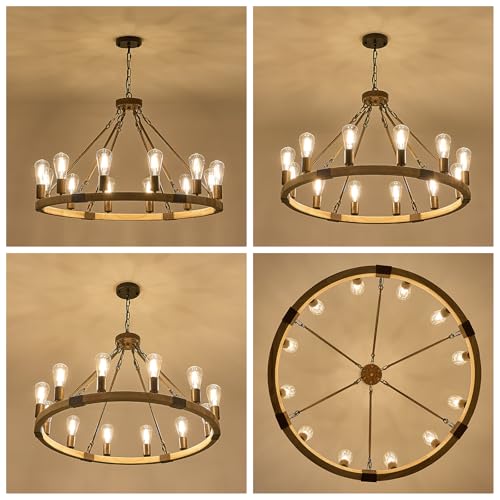 Farmhouse Wagon Wheel Chandelier 31" Wooden Rustic Light Fixtures 12