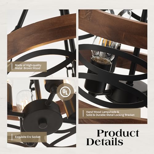 4 Light Farmhouse Drum Wood Pendant Light 13.8'' Vintage Rustic Brown Oak Wood Chandeliers (4 Count)