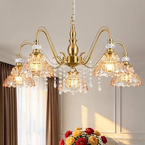 5 Light Vintage Chandelier in Brushed Gold Finish with Amber Flower (5-Light / Gold and Amber)