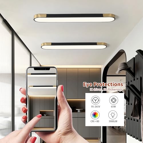 4.59FT LED Flush Mount Kitchen Light Fixtures 65W Dimmable Flush Mount Ceiling Light Fixture Black and Gold Led Ceiling Light Linear LED Ceiling Lamp for Laundry Shop Garage Office
