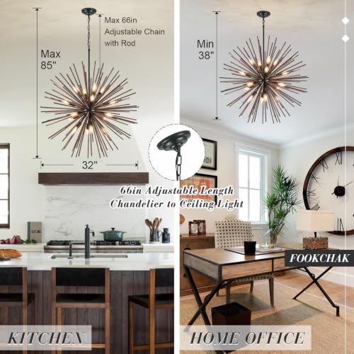 Large Wood Sputnik Chandeliers 16 Light Starburst Light Fixture Solid Wood
