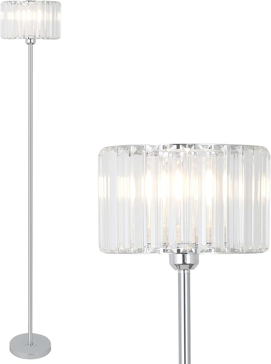 HMVPL Crystal Floor Lamp, Chrome Pole Floor Lamp with K9 Crystal Shade, Silver Standing Lamp with On/Off Switch, Modern Corner Tall Lamp for Living Room Bedroom Nursery Office Home Decor - Aura Lighting