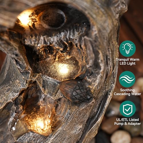 32" H Owl Tree Trunk Outdoor Fountain with Warm LED Lights