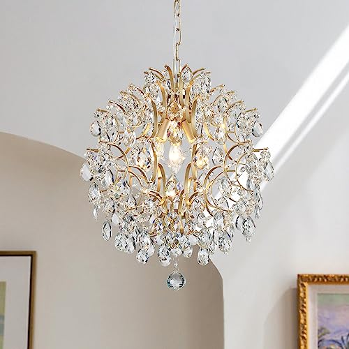 Modern Gold Pendant Chandelier Crystal Raindrop Lighting Ceiling Light Fixture Lamp for Dining Room Bathroom Bedroom Livingroom entryway 3 E12 Bulbs Required D16 in x H18 in