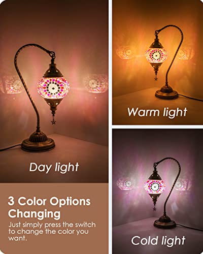 Turkish Moroccan Lamp with Bronze Base 3 Color Options Handmade Swan Neck Mosaic Glass Bedside Lamps for Bedroom