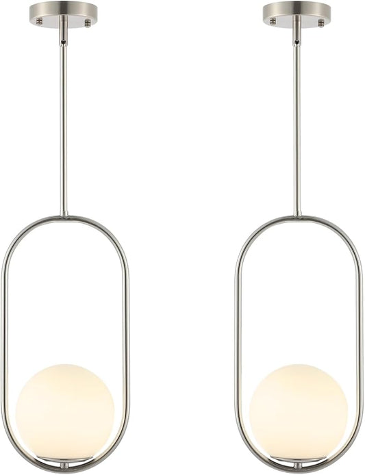 Modern Globe Pendant Light Brushed Nickel Chandelier 1-Light Mid Century Ceiling Hanging Lighting Fixture White Globe Glass Shades for Kitchen Island Dining Room Bedroom (2 Pack) - Aura Lighting