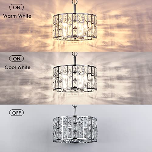 Farmhouse Crystal Convertible Chandelier and Semi Flush Mount Lighting Chrome Cylinder Drum Shade Pendant for Kitchen Island Dining Room Bedroom Hallway