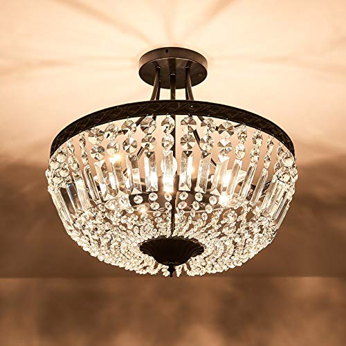5 Light E12 Round Crystal Ceiling Light Fixture Modern Semi Flush Mount Chandelier Ceiling Lamp for Living Room Dining Room Entryway Hallway Foyer Bedroom Laundry Bathroom（Black）