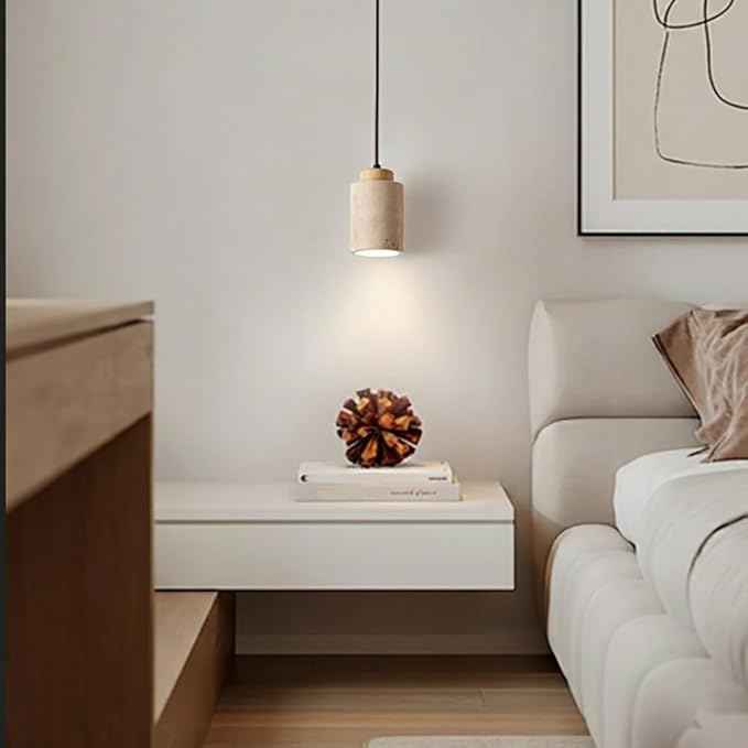 Set of 3 Japanese Travertine Hanging Lamps, Cylinder Natural Stone Pendant Lights Kitchen Island Adjustable Small Chandelier for Dining Room Bedside(Wood,11cm/4.33in)