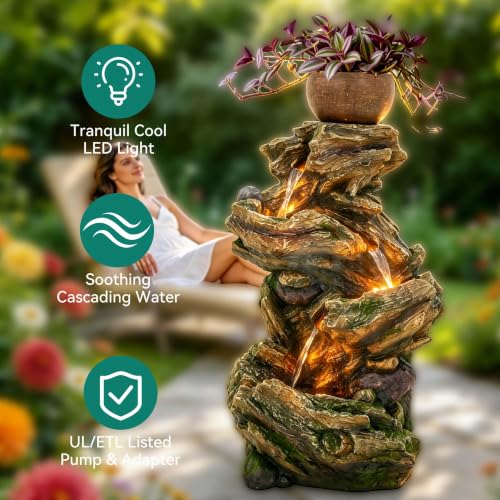 33" Rustic Tree Trunk Outdoor Water Fountain with Planters