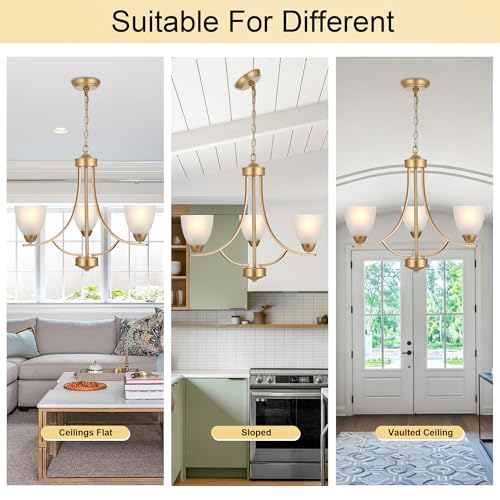 3 Light Retro Gold Finish Chandeliers with Alabaster Glass Shade