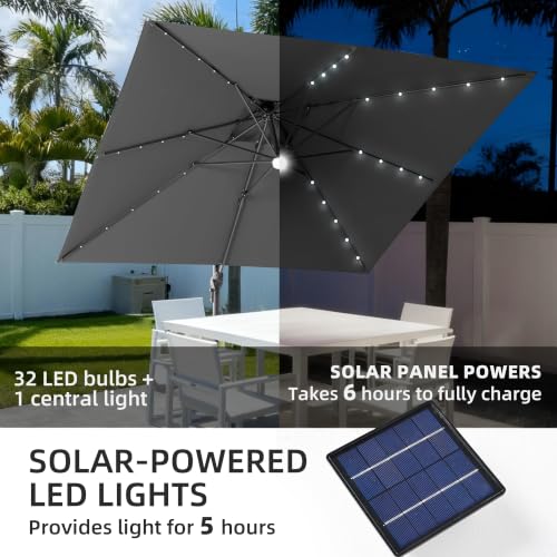 9x9 FT Cantilever Offset Patio Umbrella with Lights & Base