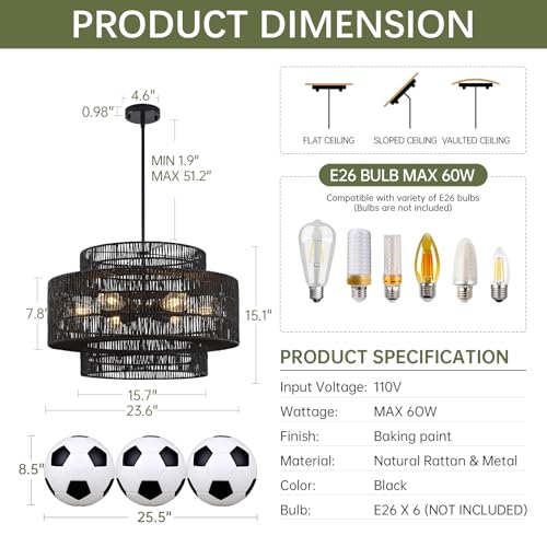 24" Black Rattan Chandelier for Dining Room
