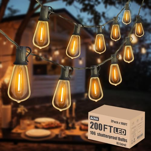 Outdoor String Lights 200FT Vintage Edison String Lights with 104 Shatterproof ST38 Bulbs LED Dimmable Warm 2200K Plastic Patio Lights Outdoor Waterproof for Yard Gazebo Market Bistro Lights