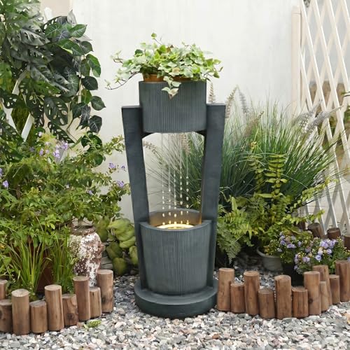 33" H Modern Outdoor Water Fountain Cascading Realistic Rock Waterfall Fountains with LED Lights Outdoor Water Fountain for Garden Patio Backyard Porch Home Decor Gold