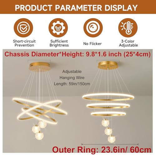 LED Modern 3 Ring Chandeliers 24inch Dimmable Kitchen Pendant Light