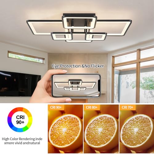 Modern LED Ceiling Light Fixture Black Kitchen Lighting Fixtures Ceiling for Bedroom 31.5" Dimmable 6 Ring Square Ceiling Light for Kitchen with Remote Control for Living Room