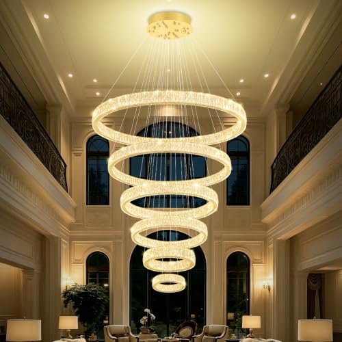 Extra Large Ring Chandelier Modern LED Gold 6 Ring Chandelier for High Ceiling Long Stair Crystal Chandeliers D8+15.7"+23.6"+31.5"+39.4"+47.5"