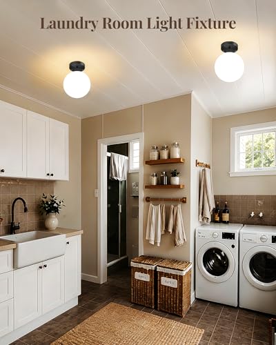 Semi Flush Mount Ceiling Light 6" Globe Mid Century Modern Light Fixture Milk Glass with Matte Black Finish Light Fixtures for Hallway Entryway Kitchen Island Closet Laundry Bathroom