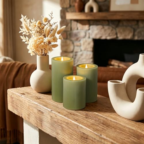 Olive Green Ribbed Moving Flame LED Pillar Candles with Remote (Olive Green)