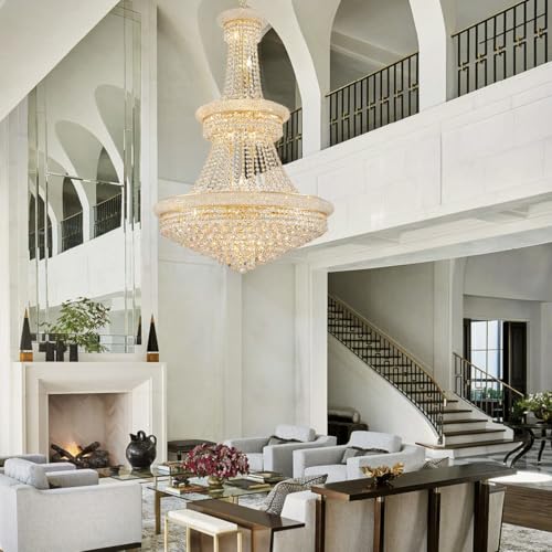 19 Lights High Ceiling Chandelier Modern Gold Crystal Chandeliers Large Foyer Chandelier Fixtures for Staircase Living Room Hallway Entryway